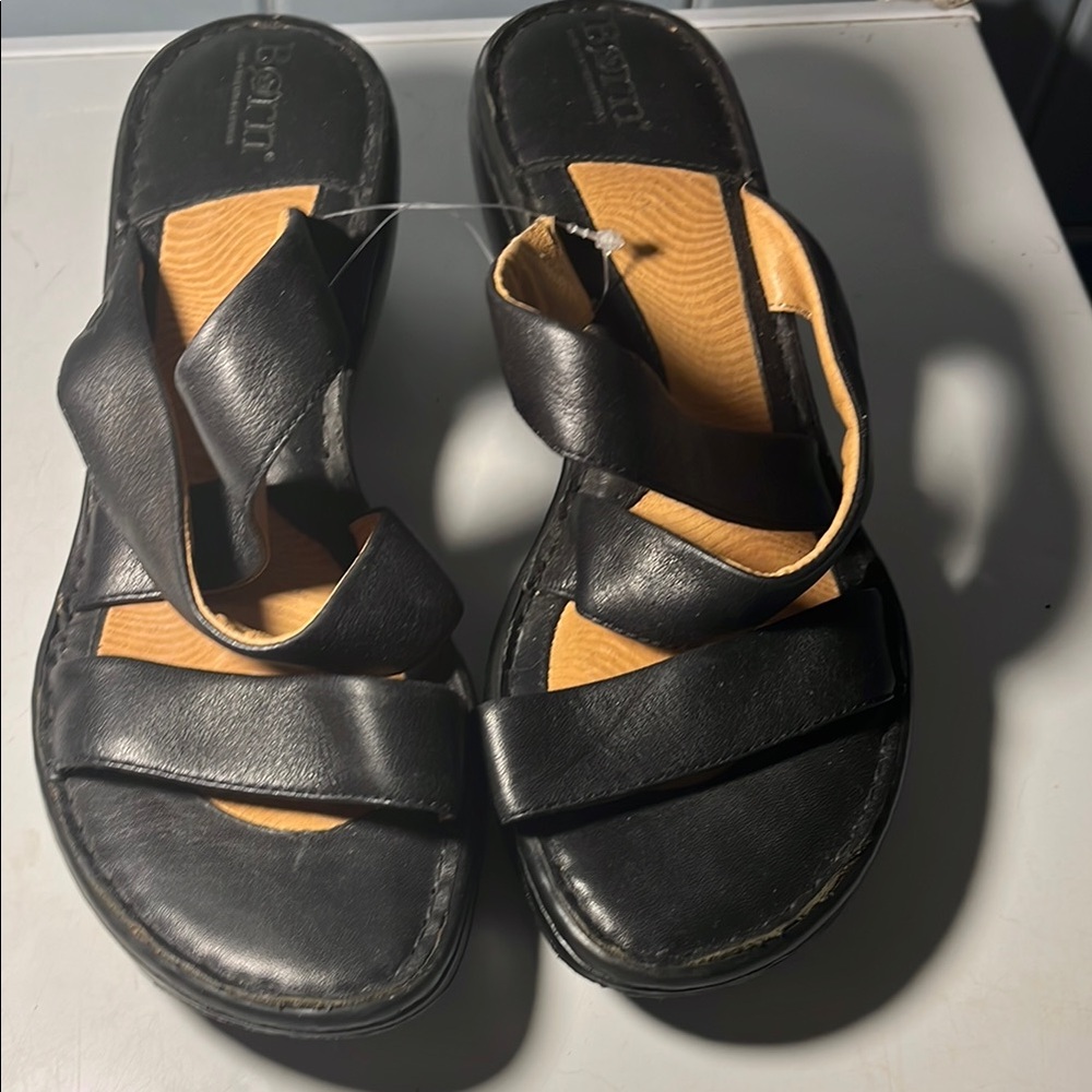 Born Black Leather Crisscross Slide Sandals with Tan Insole